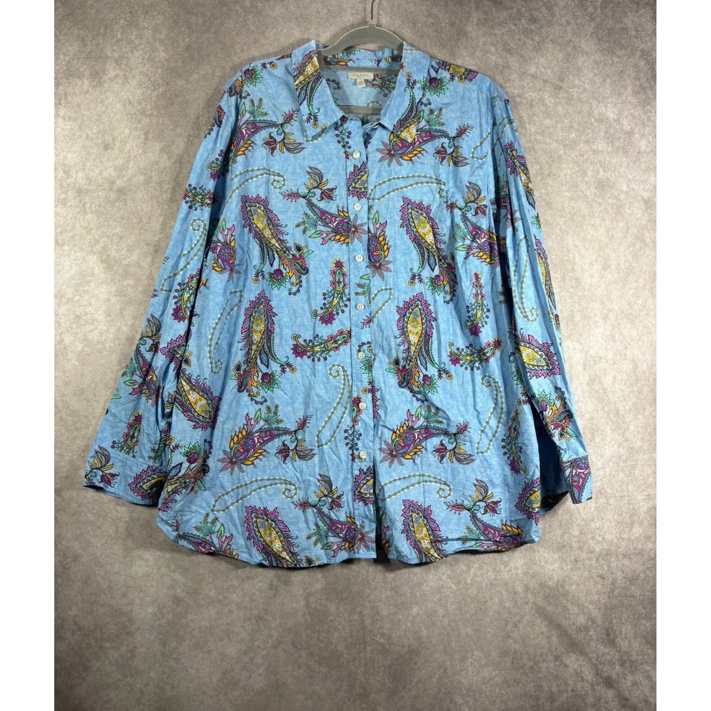 Talbots Button Down Shirt Womens 3X Blue Paisley Casual Cotton Long Sleeve Artsy